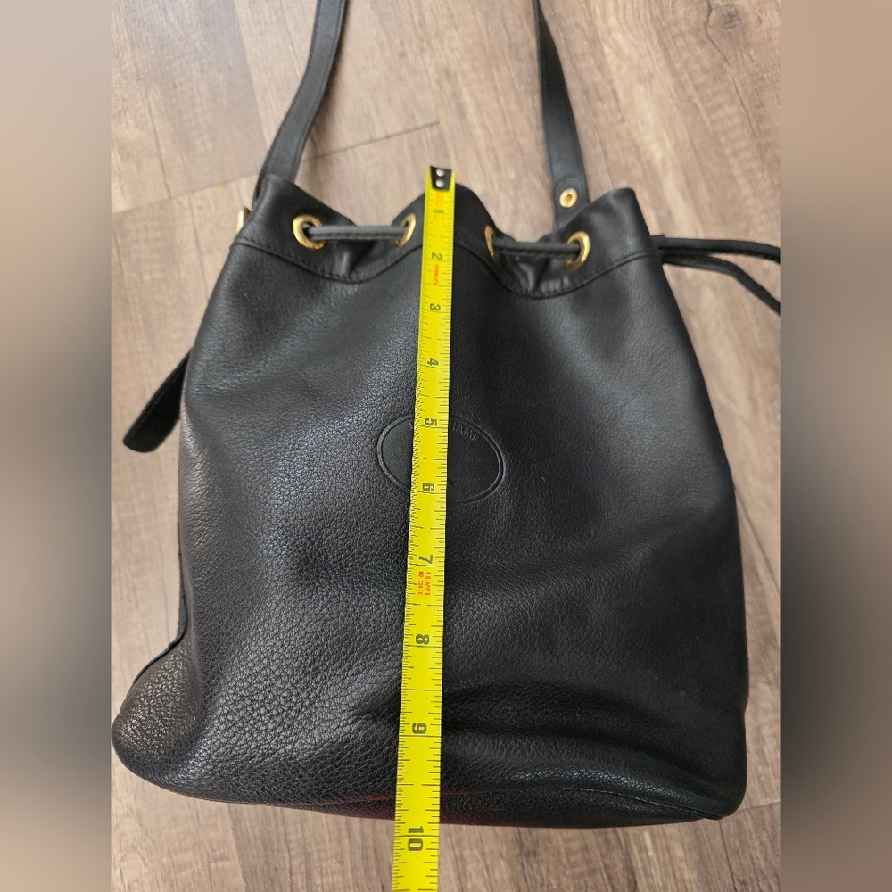 LONGCHAMP BUCKET BAG Black Leather Drawstring 2000s Vintage Designer Y2K - Picture 7 of 15